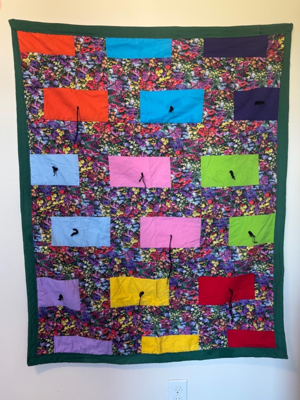 Colorful Floral Patch Pocket Quilt with Bright Rectangles
